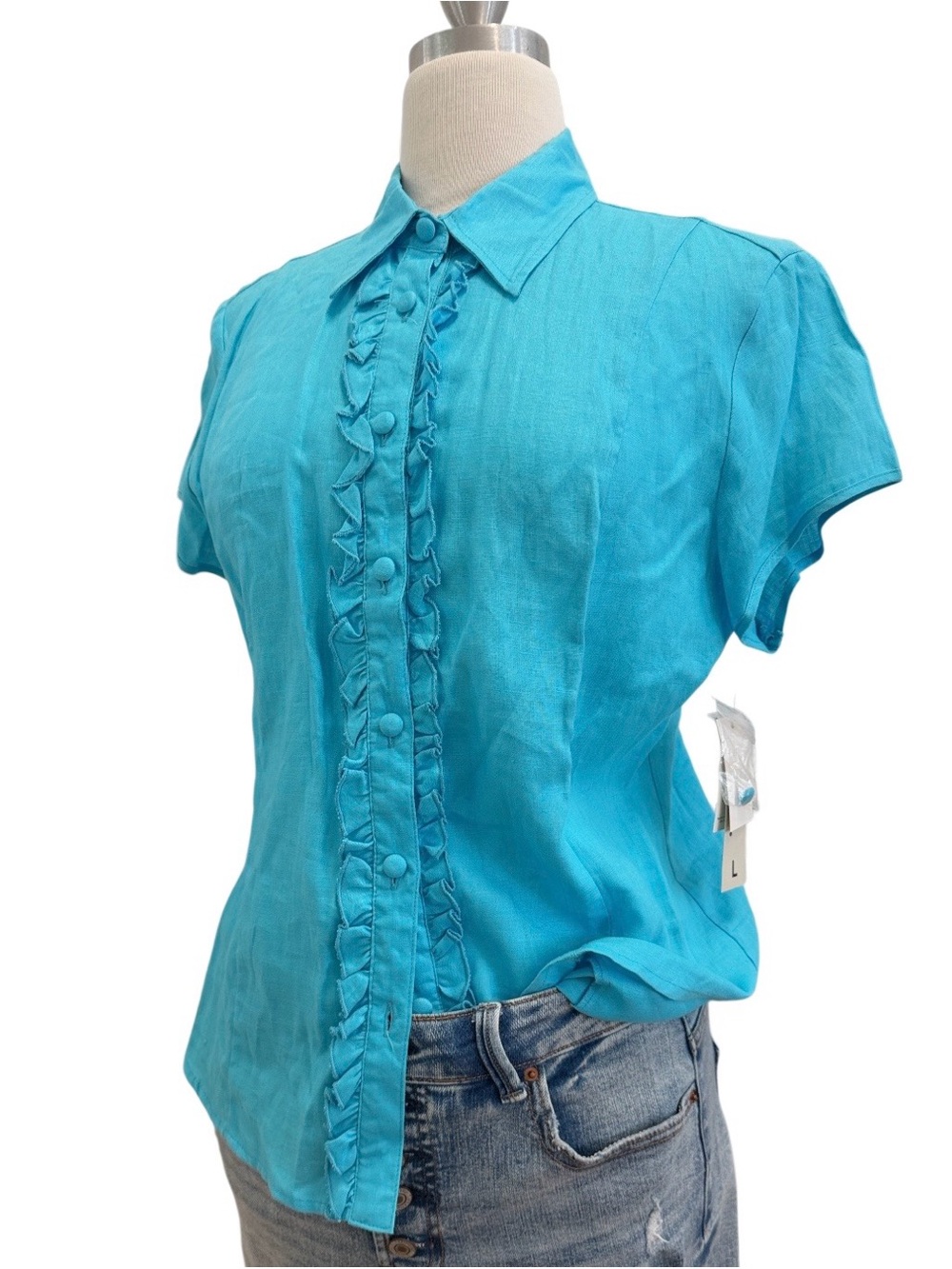Classic Ruffle-Trim Button Front Women’s Top - Turquoise 100% linen